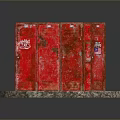 Red Cabinet With Multiple Doors Worn Surface And Stickers On Circular Blue White Checkered Base