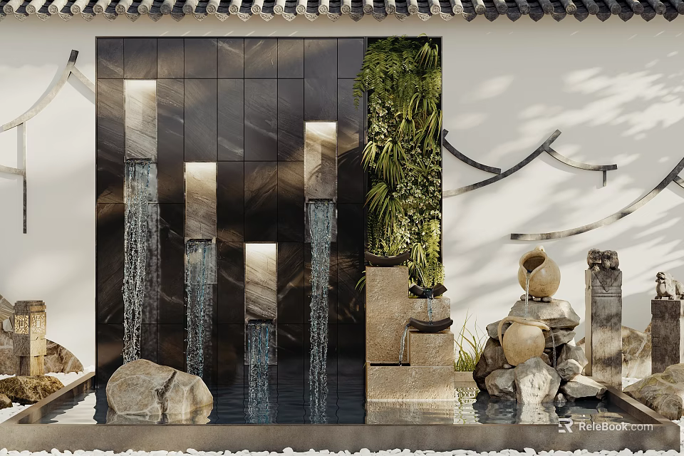 Garden Accent With Water Feature Black Panel Flowing Water Vertical Green Plants And Stones 3d model 