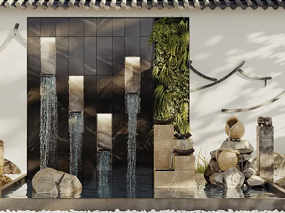 Garden Accent With Water Feature Black Panel Flowing Water Vertical Green Plants And Stones 3d model