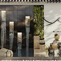 Garden Accent With Water Feature Black Panel Flowing Water Vertical Green Plants And Stones