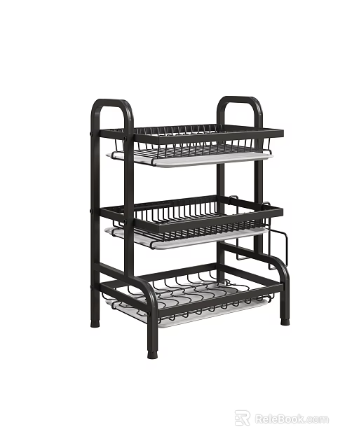 3 Tier Metal Kitchen Storage Rack With Black Frame And Grid Shelves 3d model 