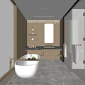 Modern Hotel Bathroom Interior With Freestanding Bathtub Glass Shower And Vanity Mirror