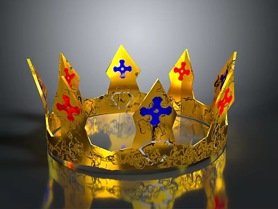 Golden Decorative Crown Featuring Red Blue Crosses And Ornate Patterns As Household Decor Item 3d model