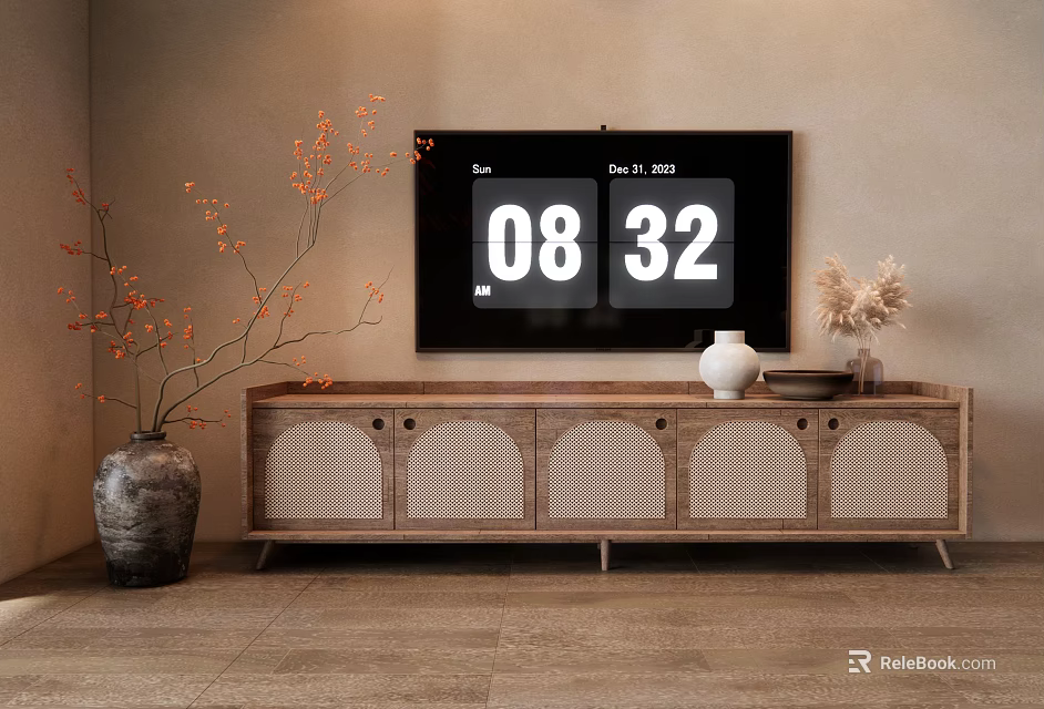 Natural Wooden TV Stand With Rattan Panels Vase Flower Branches And Dried Grass 3d model 