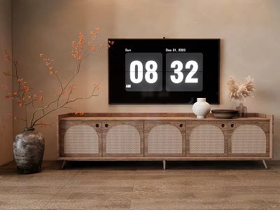 Natural Wooden TV Stand With Rattan Panels Vase Flower Branches And Dried Grass 3d model