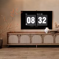 Natural Wooden TV Stand With Rattan Panels Vase Flower Branches And Dried Grass