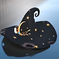 Decorative Black Wizard Hat Featuring Gold Stars Small Moon Branch Decoration And Curled Edge