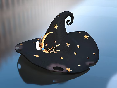 Decorative Black Wizard Hat Featuring Gold Stars Small Moon Branch Decoration And Curled Edge 3d model