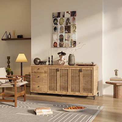 Cozy Wooden Sideboard Interior With Decorative Items Lamp And Wall Art In Living Room Space 3d model
