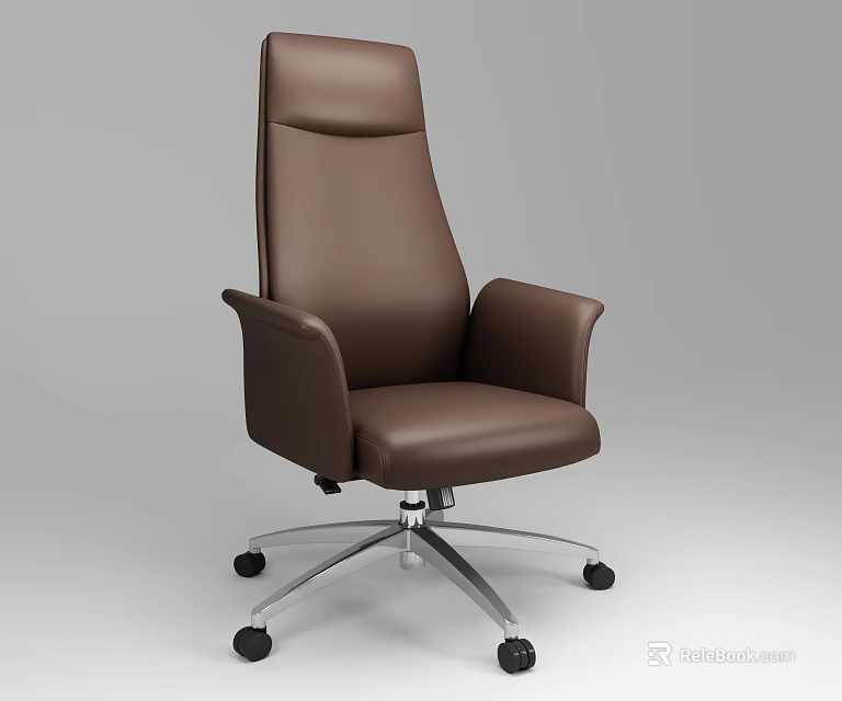 Brown Leather Office Chair With High Backrest Armrests And Five Pointed Base Wheels 3d model