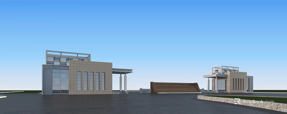 Modern Building Entrance Gate With Stone Columns Canopy And Stone Wall 3d model