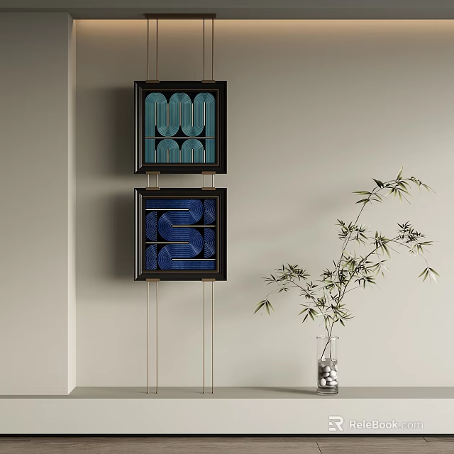 Modern Wall Decor With Teal Navy Blue Geometric Artwork And Bamboo Plant 3d model 