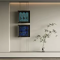 Modern Wall Decor With Teal Navy Blue Geometric Artwork And Bamboo Plant