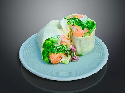Delicious Salmon Wrap With Fresh Lettuce And Vegetables On Light Blue Plate 3d model