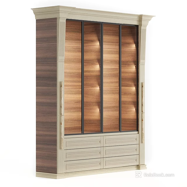 Elegant Wooden Wardrobe With Glass Doors Built in Lighting and Drawers 3d model 
