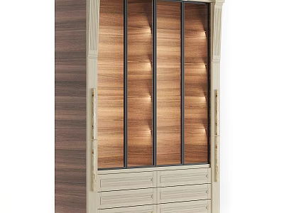 Elegant Wooden Wardrobe With Glass Doors Built in Lighting and Drawers 3d model