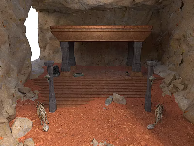 Ancient Cave Interior With Stone Platform Steps Pillars And Red Ground 3d model