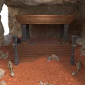 Ancient Cave Interior With Stone Platform Steps Pillars And Red Ground