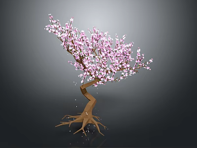 Pink Flowering Tree with Curved Trunk and Exposed Roots Blooming Pink Blossoms on Dark Background 3d model