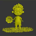 Cute Child Holding Sunflower Standing On Green Grass Wearing White Shirt And Blue Shorts