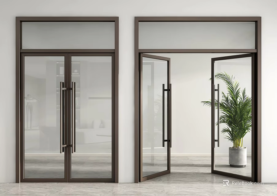Modern Interior With Open And Closed Dark Frame Transparent Glass Double Doors And Green Plant 3d model 