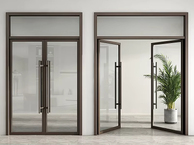 Modern Interior With Open And Closed Dark Frame Transparent Glass Double Doors And Green Plant 3d model