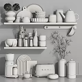 Stylish Kitchen Shelves Showcasing Essential Kitchenware With Dishes Jars Kettle Blender And Potted Plant