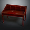 Red Wooden Bench With Carved Backrest And Sturdy Legs For Home Decor