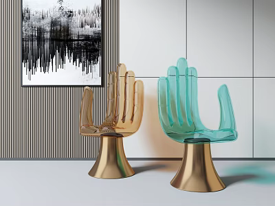 Modern Hand Shaped Transparent Chairs With Gold And Blue Colors And Golden Base 3d model