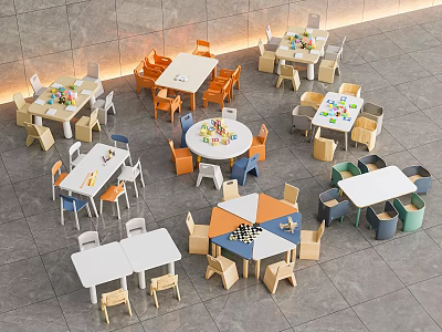 Colorful Indoor Table And Chair Sets With Round Square Tables And Multi Colored Chairs 3d model