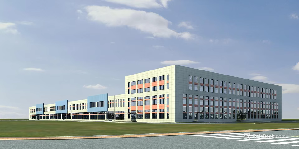 Modern Industrial Factory Building With Large Glass Windows And Green Lawn Surrounding Road 3d model 