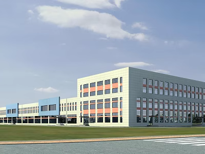 Modern Industrial Factory Building With Large Glass Windows And Green Lawn Surrounding Road 3d model