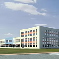 Modern Industrial Factory Building With Large Glass Windows And Green Lawn Surrounding Road