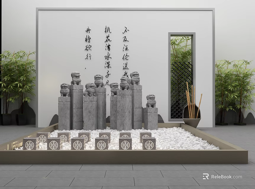 Traditional Chinese Garden Ornament Featuring Stone Lion Statues Calligraphy Wall Latticed Door And White Pebbles 3d model 