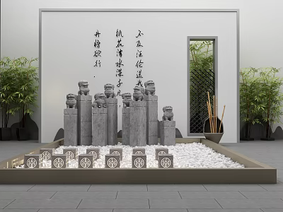 Traditional Chinese Garden Ornament Featuring Stone Lion Statues Calligraphy Wall Latticed Door And White Pebbles 3d model
