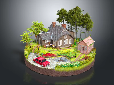Cartoon Miniature Scene With House Trees Red Car Small Shed And Garden Path 3d model