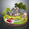 Cartoon Miniature Scene With House Trees Red Car Small Shed And Garden Path