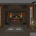Chinese Traditional Religious Shrine Interior With Altar Decorative Carvings And Scrolls