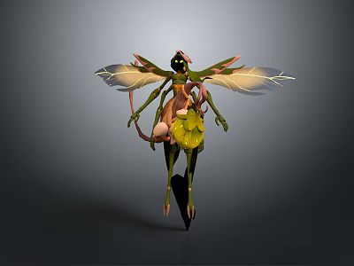Magical Animal 3D Render With Green Body Transparent Yellow Wings And Leaf Features 3d model