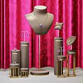 Luxury Gold Black Jewelry Display Shelves With Mannequin Necklace Earrings Rings On Pink Velvet Background
