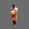 Man wearing red and yellow apron carrying tray with beer mugs