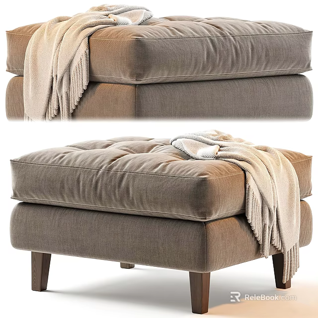 Cozy Taupe Ottoman With Tufted Cushion Soft Blanket And Wooden Legs 3d model 