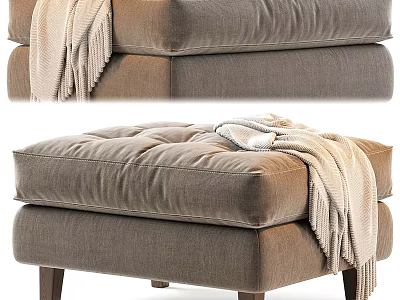 Cozy Taupe Ottoman With Tufted Cushion Soft Blanket And Wooden Legs 3d model