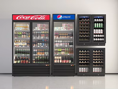 Commercial Beverage Refrigeration Equipment Showcasing Coca-Cola And Pepsi Units Filled With Assorted Drinks 3d model