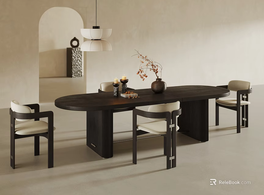 Minimalist Oval Dark Wood Dining Table Set With Upholstered Chairs Pendant Light And Decorative Vase 3d model 