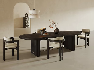 Minimalist Oval Dark Wood Dining Table Set With Upholstered Chairs Pendant Light And Decorative Vase 3d model