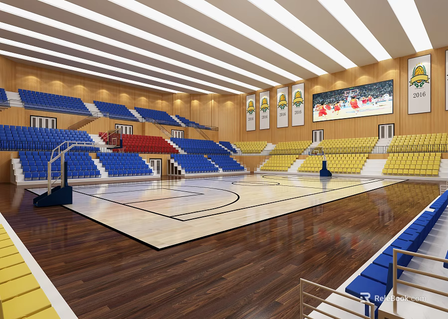 Bright Basketball Gymnasium With Blue Red Yellow Spectator Seats Wooden Floor And Ceiling Lighting 3d model 