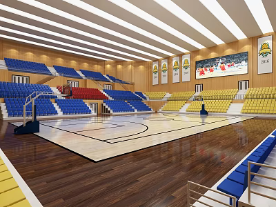 Bright Basketball Gymnasium With Blue Red Yellow Spectator Seats Wooden Floor And Ceiling Lighting 3d model