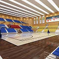 Bright Basketball Gymnasium With Blue Red Yellow Spectator Seats Wooden Floor And Ceiling Lighting