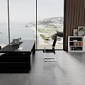 Modern Dark Wooden Office Desk with Laptop and Black Leather Chair by Sea View Windows
